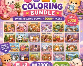 Cozy Coloring Book Bundle | 2000+ Printable Coloring Pages PDF | Cute Kawaii Adult Coloring Book | Instant Digital Download