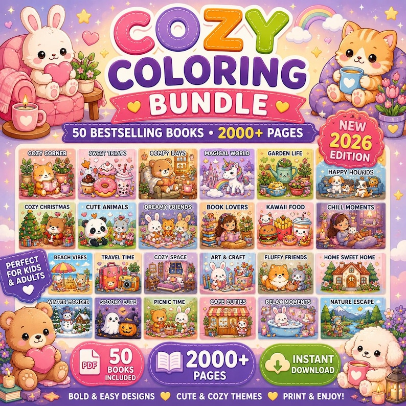 Cozy coloring book bundle with 2000 printable kawaii coloring pages for adults and teens, bold easy relaxing digital
