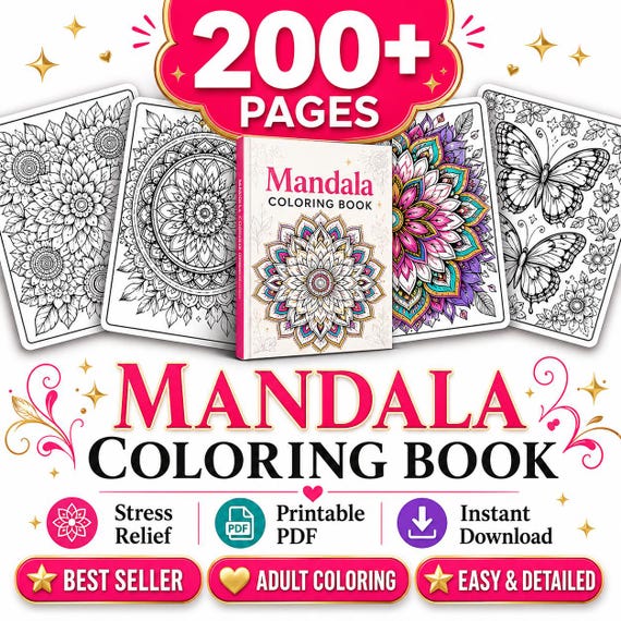 200+ Mandala Coloring Book Pages for Kids & Adults | Printable PDF Coloring Pages | Stress Relief Art Activity Download
