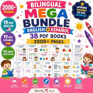 Può includere: Un mega pacchetto bilingue di 38 libri in PDF con oltre 2000 pagine in inglese e spagnolo. La copertina presenta illustrazioni colorate di bambini, icone educative e testo tra cui "BILINGUAL MEGA BUNDLE" e "38 PDF BOOKS".