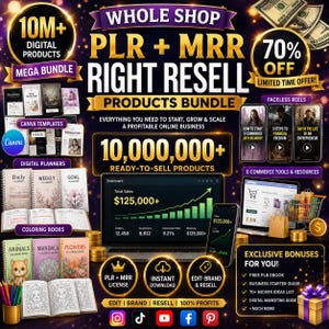 Paquete completo de productos digitales PLR MRR / Más de 10 millones de productos digitales / Plantillas de Canva, libros para colorear y derechos de reventa