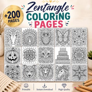 May include: A collection of Zentangle coloring pages with various designs, including a horse, peacock, owl, butterfly, and floral patterns. The image features the text "+200 PAGES" and "Zentangle COLORING PAGES". The product is labeled as "Printable", "Instant Download", and "High Quality".