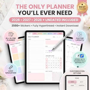 Op de afbeelding: Digitale planner met de tekst "THE ONLY PLANNER YOU'LL EVER NEED". De planner bevat de opties 2026, 2027, 2028 en ongedateerd. Kenmerken zijn onder meer 2500+ stickers, volledig hyperlinked en direct downloaden. Bevat dagelijkse, wekelijkse, maandelijkse, financiële, wellness-, doelen- en notitiesecties.