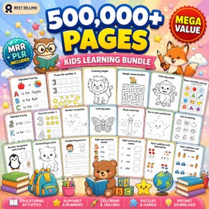 Puede incluir: Un colorido paquete de aprendizaje para niños con el texto "500.000+ PÁGINAS". Incluye trazado de alfabeto, páginas para colorear, laberintos y actividades de punto a punto. Incluye el texto "KIDS LEARNING BUNDLE".