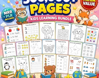 Pacote com mais de 500.000 recursos educativos para crianças, com direitos de revenda PLR/MRR. Inclui páginas para imprimir, livro de colorir, folhas de exercícios, jogos e muito mais.