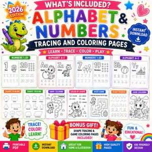 Può includere: Una stampa educativa colorata con pagine di tracciamento e colorazione di alfabeto e numeri. Include forme, labirinti e giochi di colorazione. L'immagine ha il testo "2026 Edition" e "Download istantaneo".