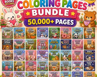 Bold & Easy Coloring Pages Bundle 50000+ | Kawaii Coloring Book PDF | Kids Adults Printable Instant Download