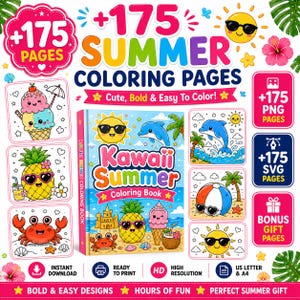 May include: A digital coloring book titled Kawaii Summer featuring 175 pages of summer-themed illustrations including a smiling pineapple, ice cream, a crab, and a dolphin. The cover displays colorful text and graphics with icons for PNG and SVG files.