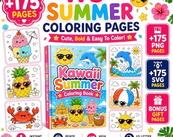 Páginas para colorir de verão para crianças, livro de colorir kawaii de verão, mais de 175 PDFs para imprimir, folhas para colorir fofas, vibrantes e fáceis, download instantâneo