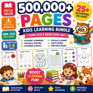 Puede incluir: Un paquete de aprendizaje digital para niños con más de 500,000 páginas de actividades educativas. Incluye alfabeto, números, caligrafía, colorear, laberintos, rompecabezas y juegos para edades de 3 a 8 años. Ilustraciones de búho, león y zorro.