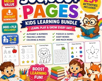 May include: A digital kids learning bundle featuring 500,000+ pages of educational activities. Includes alphabet, numbers, tracing, coloring, mazes, puzzles, and games for ages 3-8. Features colorful illustrations of an owl, lion, and fox.
