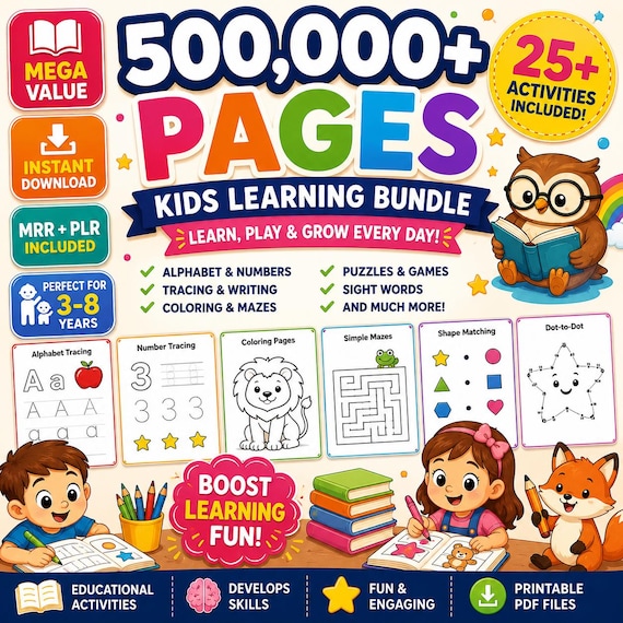 Kids Learning Bundle Printable Activities, Educational Worksheets, Coloring Pages, Games, Numbers & Alphabet, PLR MRR Resources