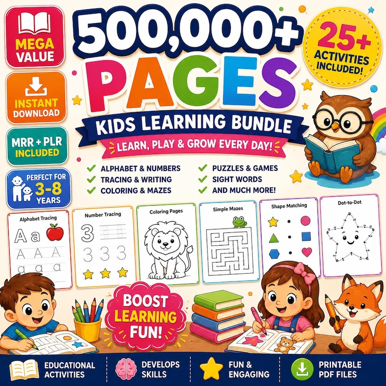 May include: A digital kids learning bundle featuring 500,000+ pages of educational activities. Includes alphabet, numbers, tracing, coloring, mazes, puzzles, and games for ages 3-8. Features colorful illustrations of an owl, lion, and fox.
