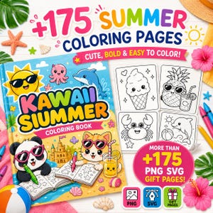 Op de afbeelding: Een digitaal kleurboek getiteld Kawaii Summer met een panda en een kat met een zonnebril, met illustraties van een zon, dolfijn en zandkasteel. De omslag toont de tekst +175 Summer Coloring Pages en Cute, Bold & Easy to Color.