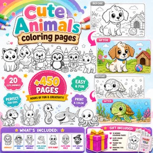 May include: A colorful image promoting "Cute Animals Coloring Pages." The design features a rainbow, various animal illustrations, and the text "+450 PAGES." Includes before and after coloring examples, and a gift box with bonus pages.