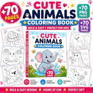 Könnte beinhalten: Ein digitales Malbuch mit dem Titel Cute Animals Coloring Book, das eine zentrale Illustration eines Babyelefanten in einer blauen Pfütze zeigt. Das Set enthält 70 Seiten, 70 PNG-Dateien und 70 SVG-Dateien mit verschiedenen Tier-Strichzeichnungen.