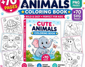 May include: A digital coloring book titled Cute Animals Coloring Book featuring a central illustration of a baby elephant in a blue puddle. The set includes 70 pages, 70 PNG files, and 70 SVG files with various animal line art designs.