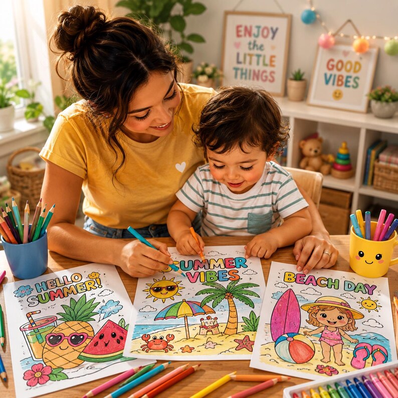 Pode incluir: Uma mulher e uma crian&ccedil;a colorindo desenhos com tema de ver&atilde;o com l&aacute;pis de cor. Os desenhos incluem as frases "Hello Summer!", "Summer Vibes" e "Beach Day", junto com ilustra&ccedil;&otilde;es de abacaxi, cena de praia e uma menina de mai&ocirc;.