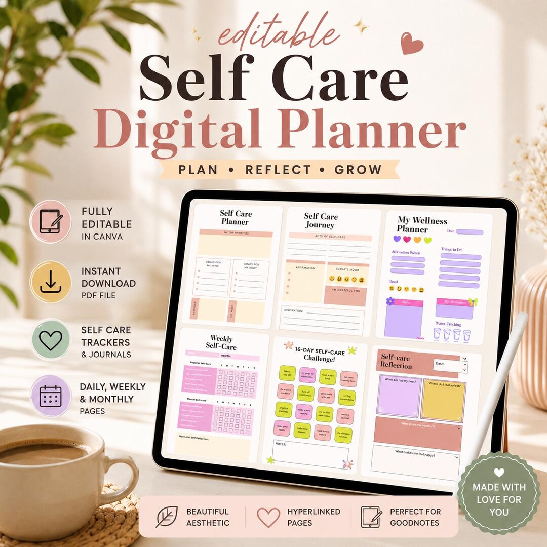 Editable Self Care Digital Planner Canva Template | Wellness Journal ...