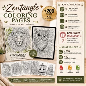 Puede incluir: Páginas para colorear digitales de Zentangle con diseños intrincados, incluyendo un león y un búho. La imagen muestra una tableta que muestra un diseño de búho y un libro encuadernado en espiral. Incluye +200 páginas y +30 diseños PNG de portada. Descarga instantánea.