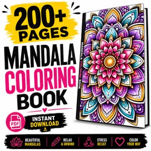 Digital mandala coloring book instant download printable PDF.