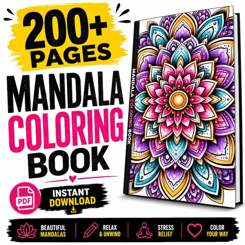 Digital mandala coloring book instant download printable PDF.