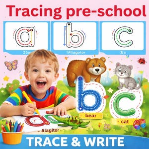 May include: Educational tracing pre-school worksheet featuring the letters a, b, and c with directional arrows, accompanied by illustrations of an alligator, a bear, and a cat. The text reads Tracing pre-school and TRACE & WRITE.