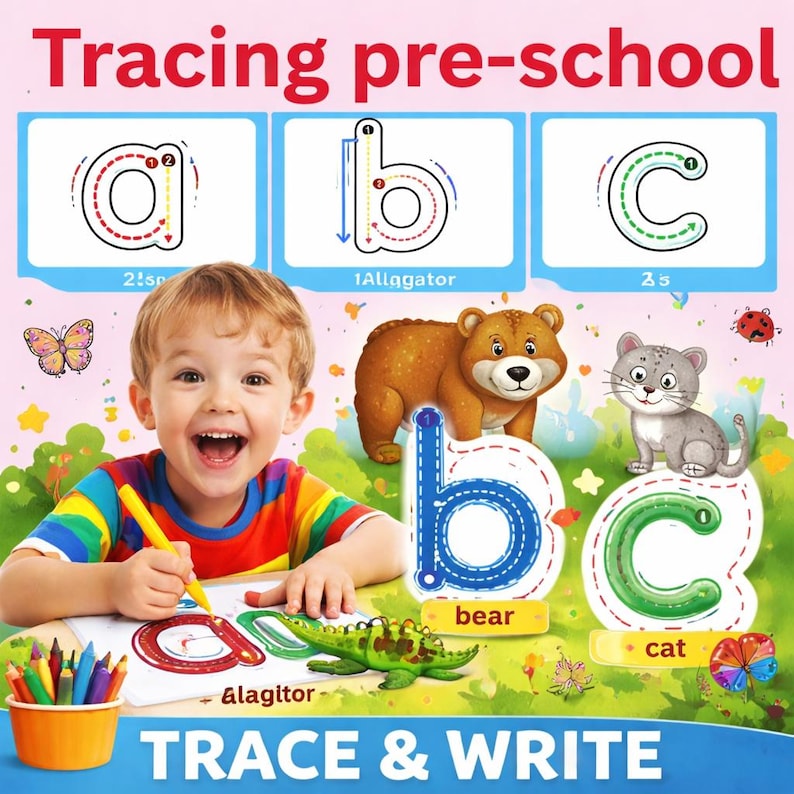 May include: Educational tracing pre-school worksheet featuring the letters a, b, and c with directional arrows, accompanied by illustrations of an alligator, a bear, and a cat. The text reads Tracing pre-school and TRACE & WRITE.