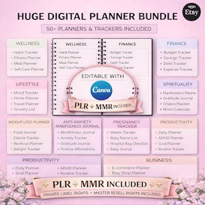 Op de afbeelding: Een digitale plannerbundel met meer dan 50 planners en trackers, waaronder wellness, financiën, lifestyle, gewichtsverlies, anti-angst, zwangerschap, productiviteit, spiritualiteit en zakelijke categorieën. Bewerkbaar met Canva.