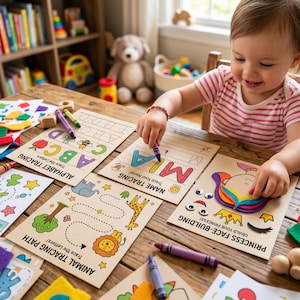 Pode incluir: Uma crian&ccedil;a est&aacute; tra&ccedil;ando letras em folhas de atividades com giz de cera. As folhas incluem tra&ccedil;ado do alfabeto, tra&ccedil;ado de nomes e caminhos de tra&ccedil;ado de animais. A mesa &eacute; de madeira e h&aacute; brinquedos ao fundo.