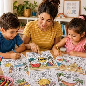 Pode incluir: Uma fam&iacute;lia colorindo p&aacute;ginas com tema de ver&atilde;o com canetas hidrogr&aacute;ficas. As p&aacute;ginas apresentam ilustra&ccedil;&otilde;es de uma praia, uma melancia, um abacaxi e os textos "Hello Summer!", "Beach Days", "Good Vibes", "Sunshine & Smiles" e "Vacay Mode".
