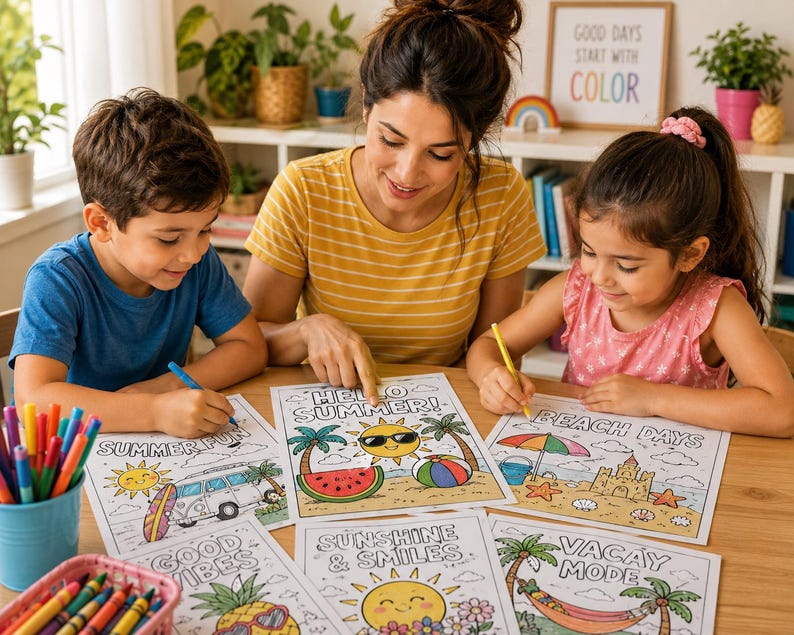 Pode incluir: Uma fam&iacute;lia colorindo p&aacute;ginas com tema de ver&atilde;o com canetas hidrogr&aacute;ficas. As p&aacute;ginas apresentam ilustra&ccedil;&otilde;es de uma praia, uma melancia, um abacaxi e os textos "Hello Summer!", "Beach Days", "Good Vibes", "Sunshine & Smiles" e "Vacay Mode".