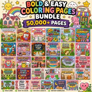 Puede incluir: Una colección de libros para colorear coloridos con varios temas, incluyendo "Cozy Spring" y "Cute Kawaii". La imagen presenta un arcoíris, casas y personajes lindos, con el texto "BOLD & EASY COLORING PAGES BUNDLE 50,000+ PAGES."