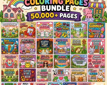 Pacote com mais de 50.000 páginas para colorir ousadas e fáceis | Livro de colorir kawaii em PDF | Download instantâneo para imprimir para crianças e adultos