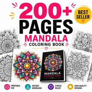 Printable mandala art coloring book digital download.