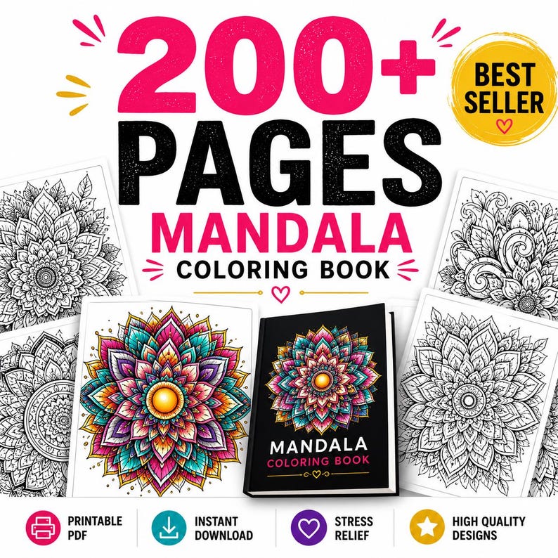 Printable mandala art coloring book digital download.