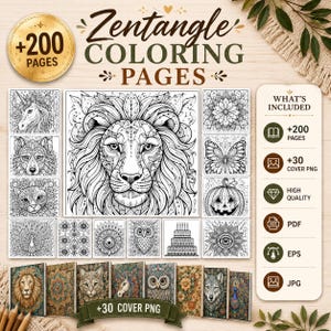May include: A Zentangle colouring book with over 200 pages, featuring intricate designs of animals, mandalas, and other patterns. Includes +30 cover PNGs, high-quality PDF, EPS, and JPG formats. The cover art showcases a detailed lion.