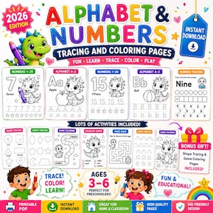以下が含まれることがあります： 2026年版デジタルアクティビティセット「Alphabet & Numbers Tracing and Coloring Pages」。緑色の恐竜のキャラクター、文字、数字、図形、迷路、塗り絵などの教育用ワークシートが含まれており、3歳から6歳の子供向けにデザインされています。