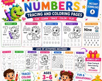 May include: A 2026 edition digital activity set titled Alphabet & Numbers Tracing and Coloring Pages. It features a green cartoon dinosaur, educational worksheets for letters, numbers, shapes, mazes, and coloring games for children ages 3-6.