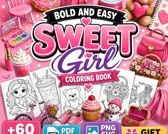 Sweet Girl Bold and Easy Coloring Book, Cute Kawaii Coloring Pages PDF, Girly Printable Coloring Book Download