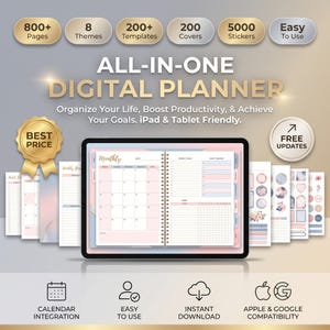 以下が含まれることがあります： 800ページ以上、8テーマ、200以上のテンプレート、200のカバー、5000のステッカーを備えたオールインワンデジタルプランナー。 iPadとタブレットに対応し、カレンダー連携と使いやすさを備えています。
