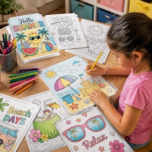 Pode incluir: Uma pessoa jovem colore um livro de colorir com tema de praia com um l&aacute;pis amarelo. As p&aacute;ginas do livro de colorir apresentam desenhos de ver&atilde;o como uma praia, &oacute;culos de sol e uma melancia. L&aacute;pis de cor e marcadores est&atilde;o espalhados na mesa de madeira.