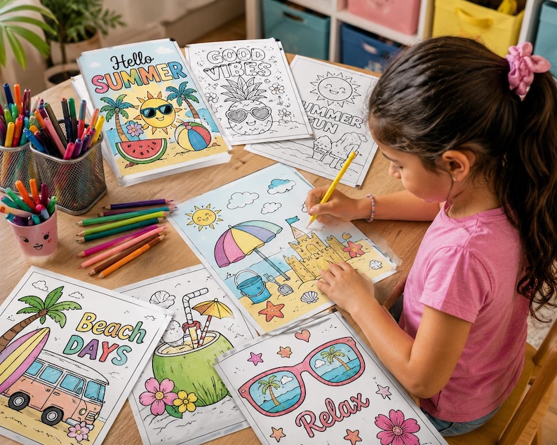 Pode incluir: Uma pessoa jovem colore um livro de colorir com tema de praia com um l&aacute;pis amarelo. As p&aacute;ginas do livro de colorir apresentam desenhos de ver&atilde;o como uma praia, &oacute;culos de sol e uma melancia. L&aacute;pis de cor e marcadores est&atilde;o espalhados na mesa de madeira.