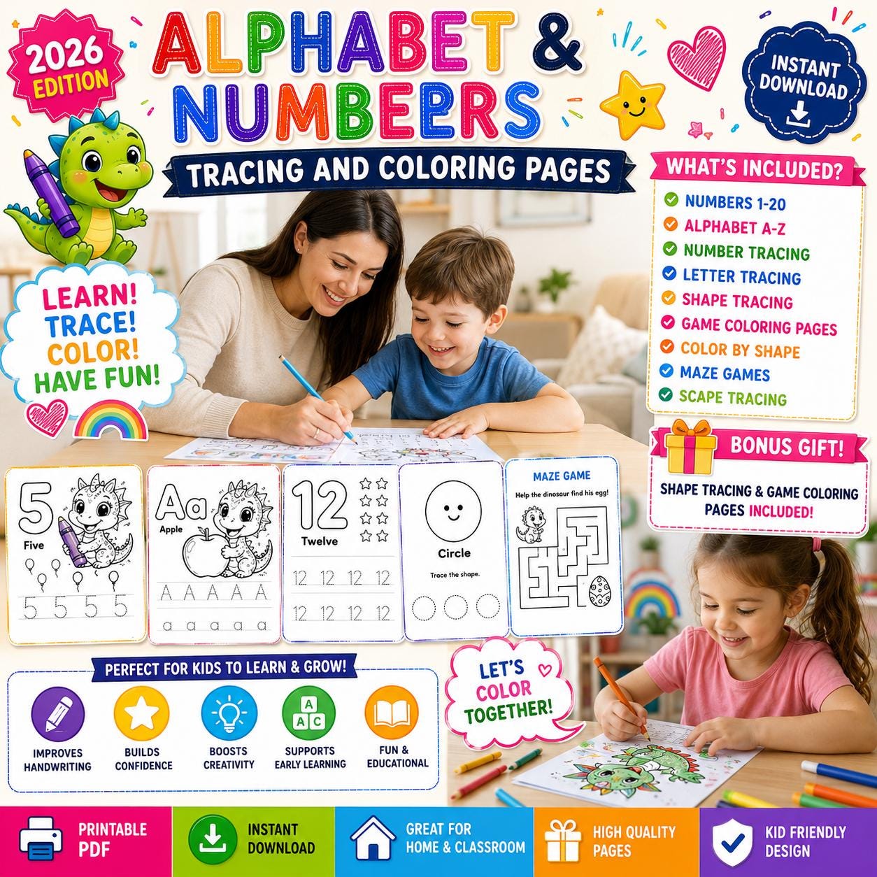 Alphabets & Numbers Tracing Pages Printable PDF for Kids | Preschool ...