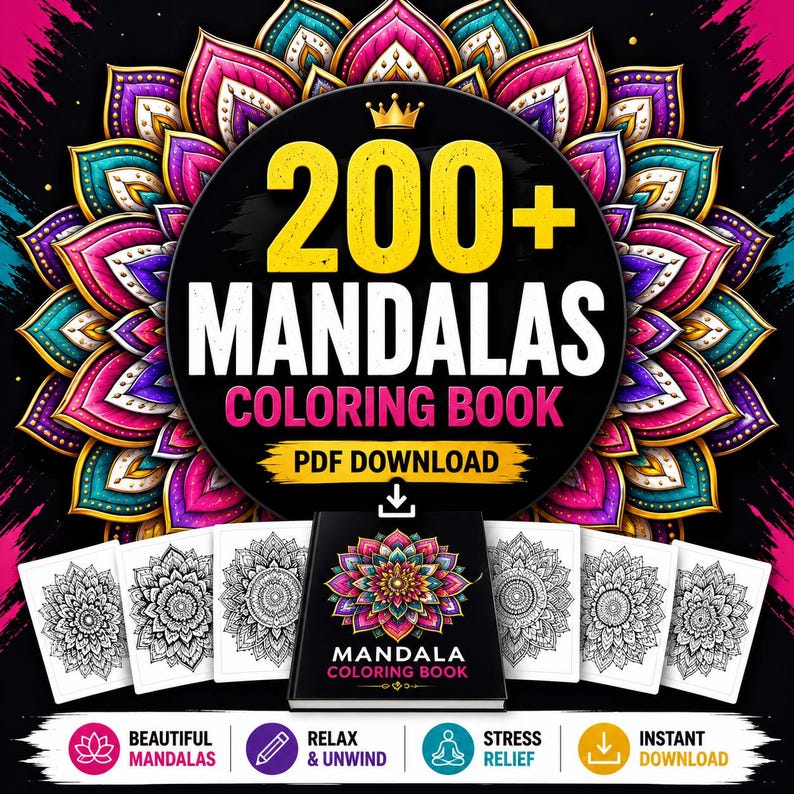 Relaxing printable coloring activity with mandala artwork.
Digital mandala coloring book instant download printable PDF.