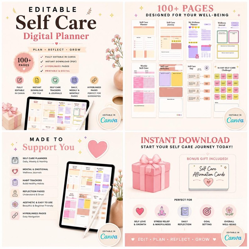 Editable Self Care Digital Planner Canva Template | Wellness Journal ...