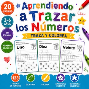 以下が含まれることがあります： Aprendiendo a Trazar los Númerosというタイトルの教育用ワークブックの表紙。カラフルなテキスト、1、10、20の数字の練習ページサンプル、赤い鉛筆、紫と緑のクレヨン、そして様々なアイコンが描かれています。