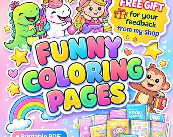 Può includere: Immagine digitale colorata che promuove "Funny Coloring Pages". Il design presenta personaggi dei cartoni animati, stelle, cuori e un arcobaleno. Il testo include "PDF stampabile" e "Download istantaneo", oltre a un'offerta "Regalo gratuito".