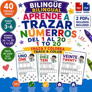 Puede incluir: Un cuaderno de ejercicios digital educativo bilingüe para niños de 3 a 6 años con 40 páginas para trazar y colorear números del 1 al 20. La portada muestra el título BILINGÜE BILINGUAL APRENDE A TRAZAR NÚMEROS 1 TO 20 con hojas de muestra.