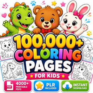 May include: A digital graphic featuring a green dinosaur, a brown bear, and a white rabbit above the text 100,000+ COLORING PAGES FOR KIDS. The image includes black and white line art of a cat, dinosaur, dolphin, and unicorn, plus PDF and download icons.